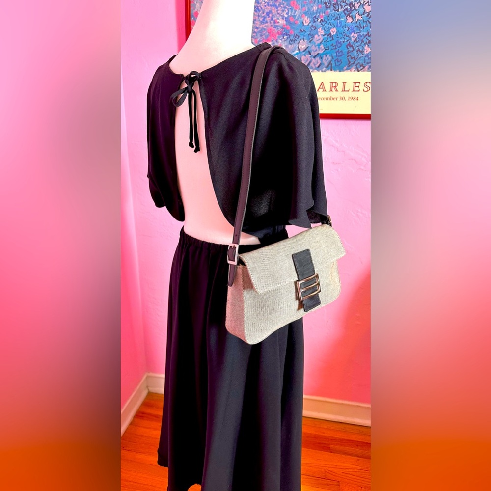 XXI Secolo blk leather & gray canvas shoulder bag-very good condition-vtge-Italy - Picture 3 of 9